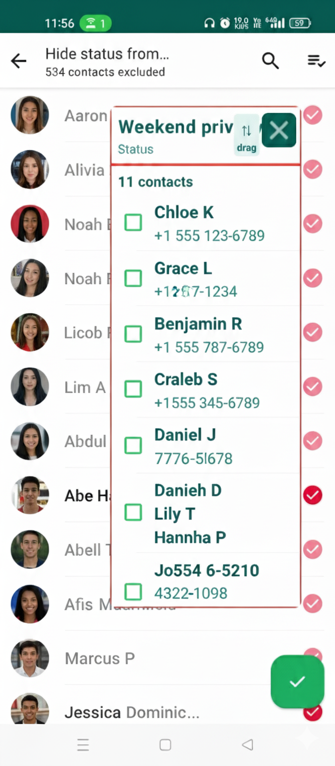 Floating window overlay showing contact checklist